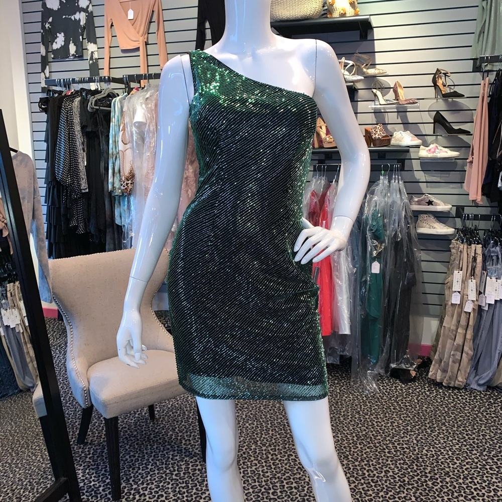Jovani one shoulder green beaded dress